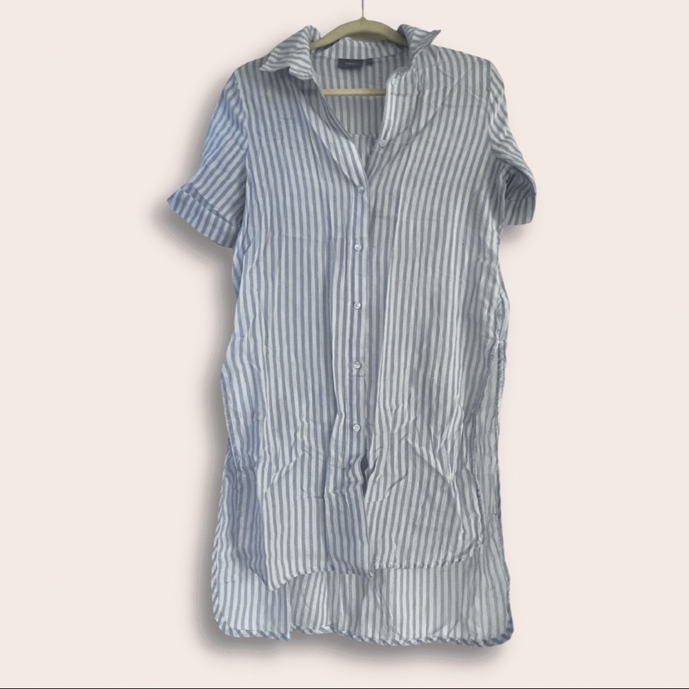 TALL || Blue Striped Button Up Linen Style Top || Size UK36